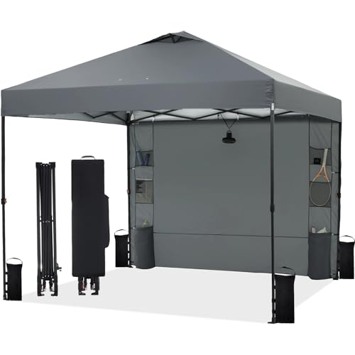 10'x10' Pop Up Canopy Tent with 1 Sidewall and 6 Pockets, One Push Setup, Instant Shade Tent with Vented Roof for Beach Patio Outdoor, Case, 8 Stakes