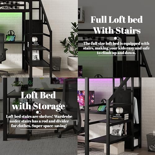Full Size Loft Bed with Desk and Stairs, Heavy-Duty Steel Loft Bed Frame with Wardrobe & LED Light