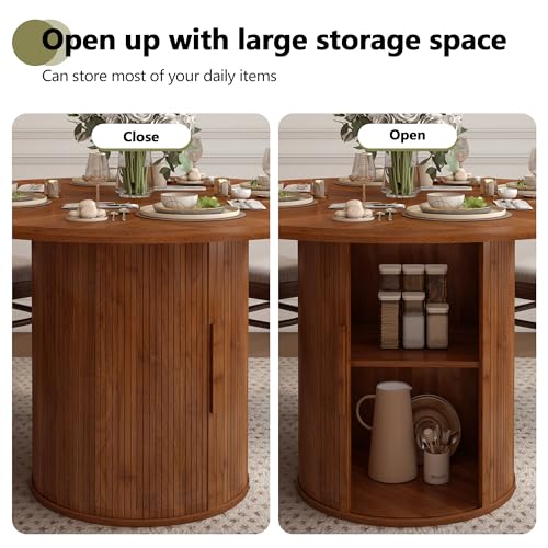 47 inch Round Dining Table for 4, Kitchen Table Dinner Table with 2-Layer Storage Shelf and Wood Slide Door for Home Dining Room Living Room (Walnut)