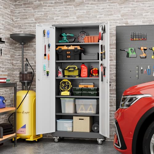 Aobabo 71" H×32" W×16" D Metal Storage Cabinet with Wheels, Garage Steel Storage Cabinet with 5 Adjustable Shelves and 4 Hooks for Home Office