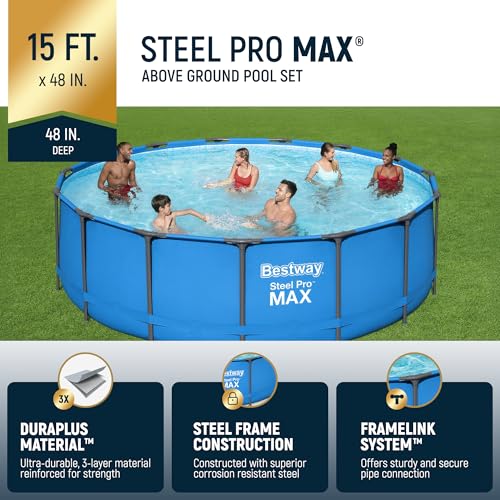 Bestway 2 Pack Steel Pro MAX Above-Ground Swimming Pool, 15' x 48" Round Metal Steel Frame Backyard Family Pool, Blue, Pool ONLY