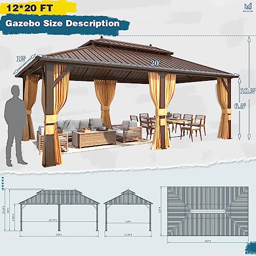 MELLCOM 10'x13' Hardtop Gazebo with Polycarbonate Double Roof, Aluminum Frame Outdoor Gazebo Permanent Pavilion with Curtains and Netting for Patio
