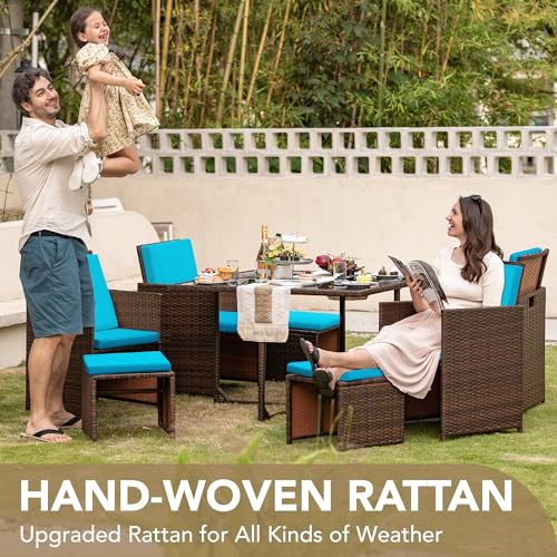 Devoko 9 Pieces Patio Dining Sets Outdoor Space Saving Rattan Chairs with Glass Table Patio Furniture Sets Cushioned Seating and Back Sectional