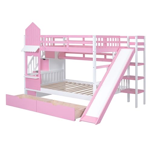 Merax Full Over Full Bunk Bed with 2 Drawers and 3 Shelves