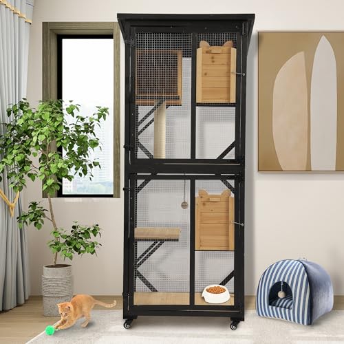 71" H Cat Catio Outdoor Cat Enclosure Window, 4 Tiers Cats Wooden House Cage on Wheels, Large Catios for Cats Indoor Patio with Waterproof Roof