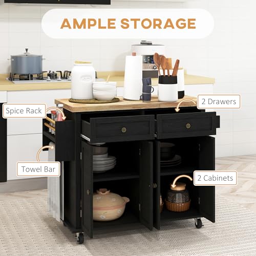 HOMCOM Kitchen Island on Wheels, Rolling Cart with Rubberwood Top, Spice Rack, Towel Rack and Drawers for Dining Room, Navy Blue