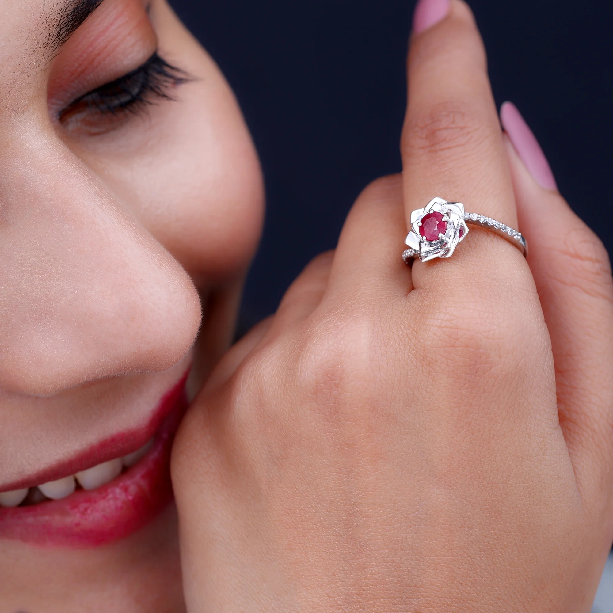 Natural Ruby Rose Floral Ring with Diamond for Women (5 mm) - 1 CT, AAA Grade, 925 Sterling Silver, US 4.00