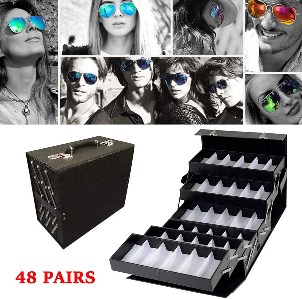 TFCFL Sunglasses Organizer, Sunglasses Slot Display Case,Sunglasses Jewelry Collection Storage Holder Box with Clear Glass Lid PU (48 Slots)