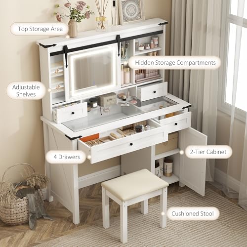 HOMCOM Farmhouse Vanity Desk with Mirror, LED Lights Makeup Vanity Table with 42 Inch Glass Tabletop, Cushioned Stool, Drawers & Shelves & Cabinet