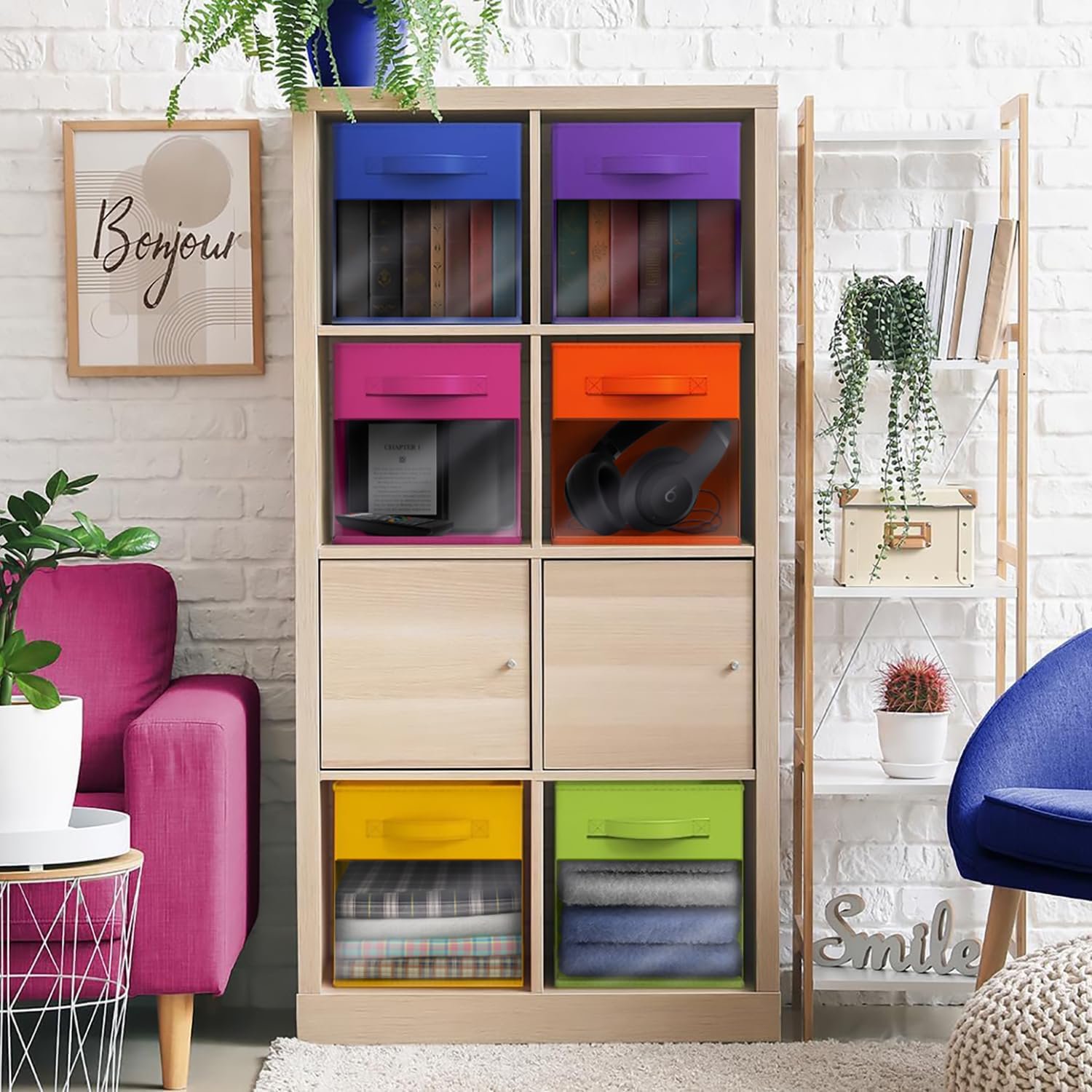 13 Inch Foldable Storage Bins with  Window - 6 Fabric Baskets for Organizing Clothes, Toys, Books