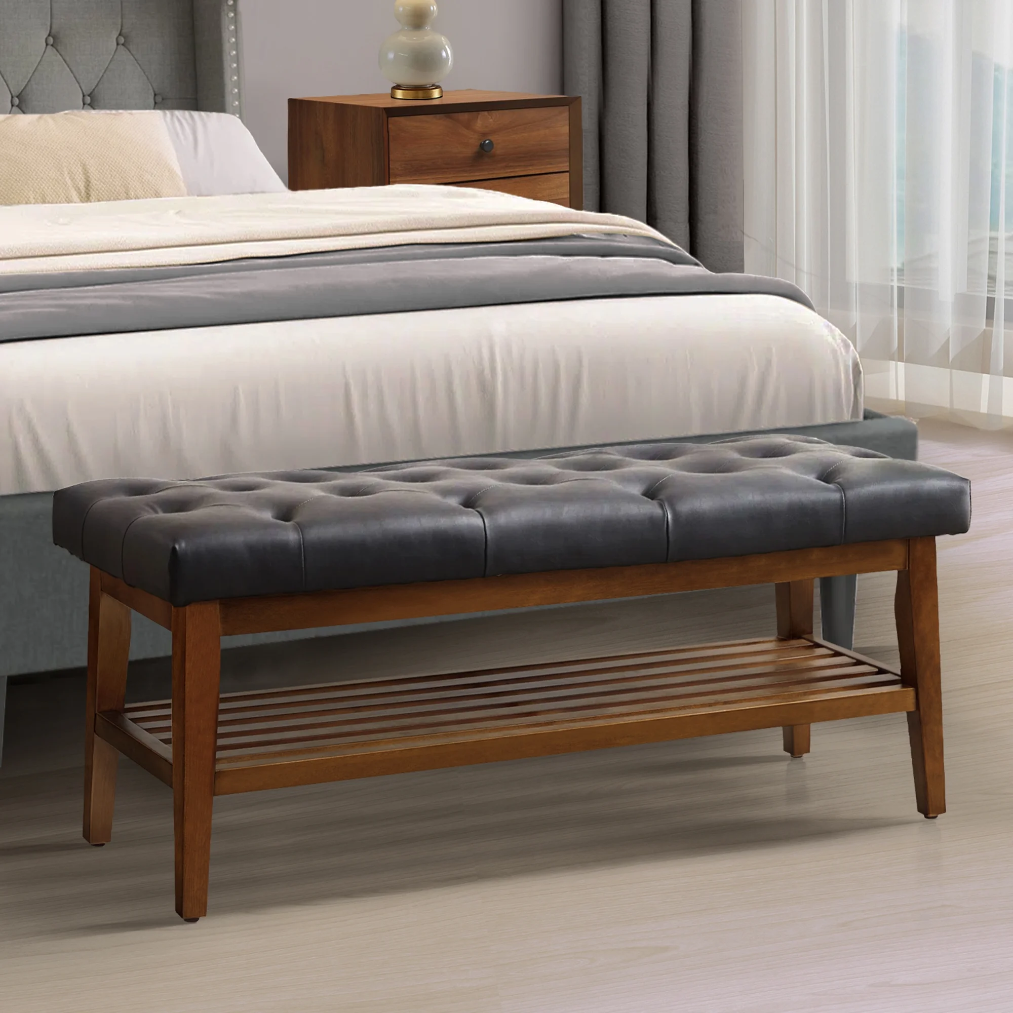 HUIMO Button-Tufted Shoe Bench
