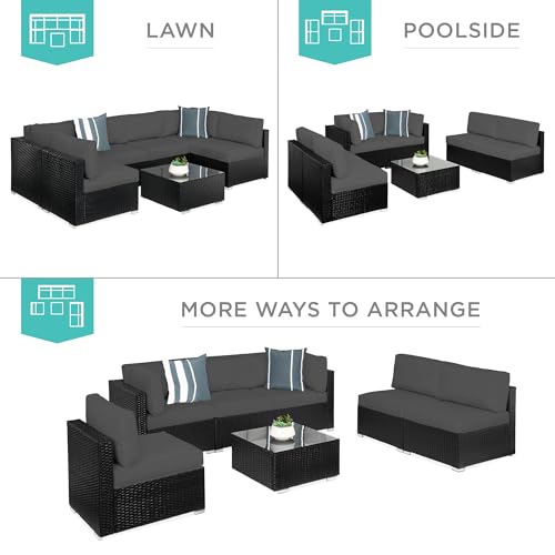 Best Choice Products 7-Piece Modular Outdoor Sectional Wicker Patio Conversation Set w/ 2 Pillows, Coffee Table, Cover Included - Gray/Navy