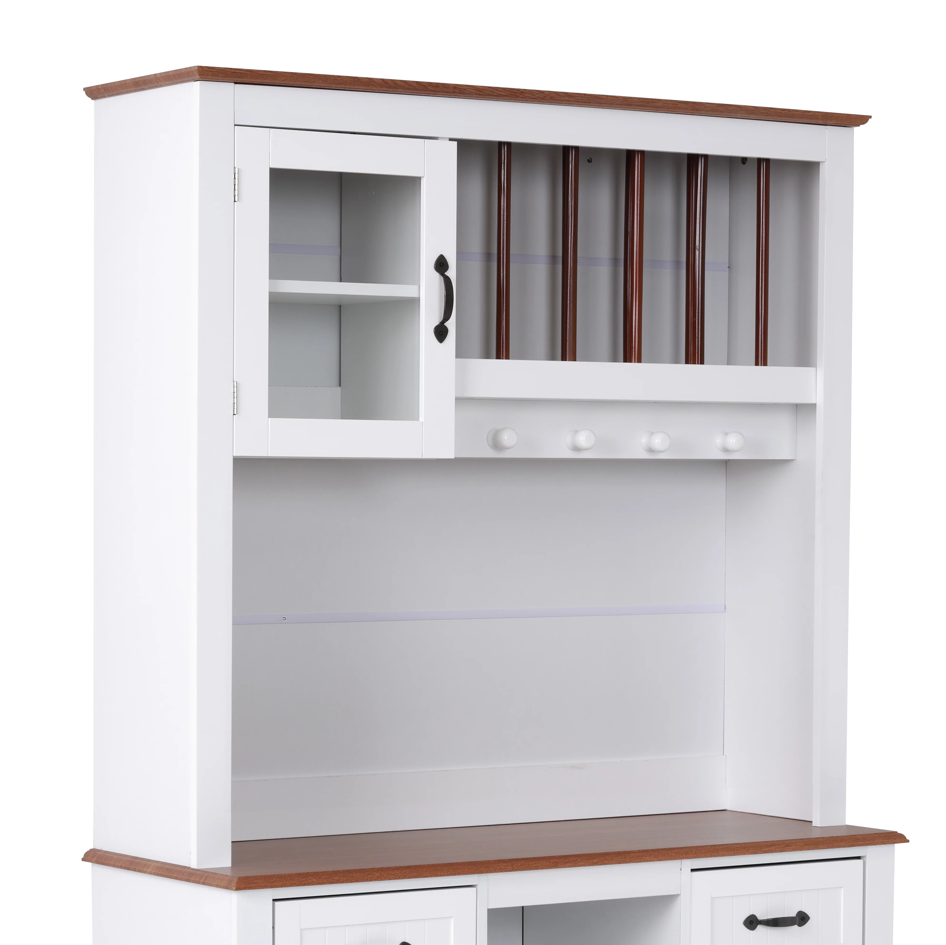 OS Home & Office Furniture Model 25307 Countryside Buffet Hutch with Glass Framed Door, Decorative Plate Storage, and Coffee Cup Hooks