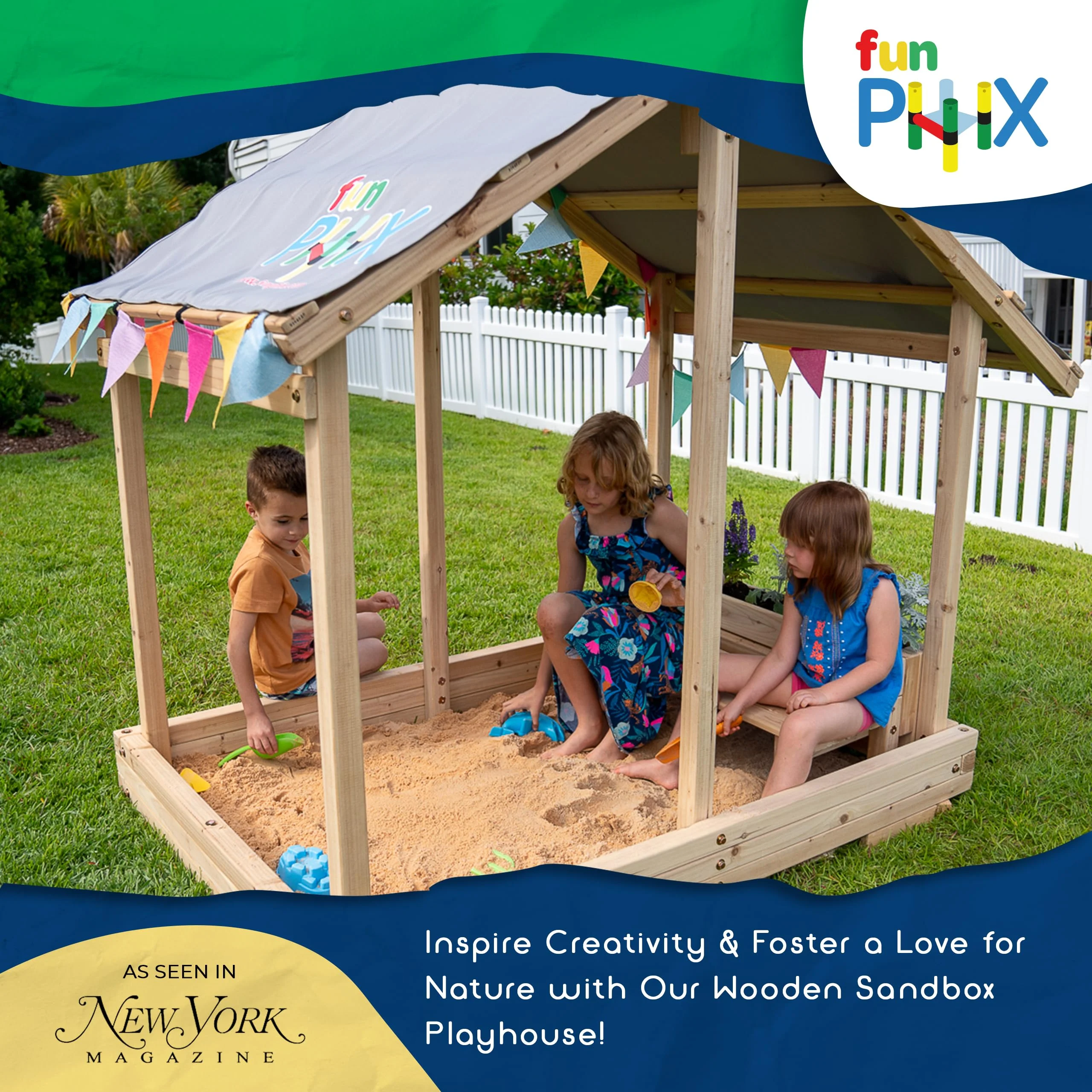 Kids Sandbox Outdoor Playset -Funphix Dig n Play Sandbox with Canopy, Bench, & Flower Planter