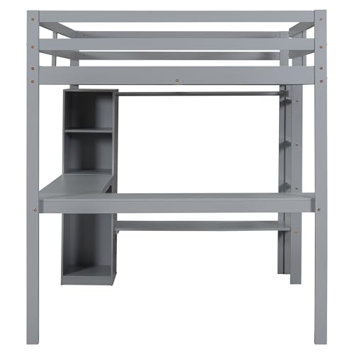 Full Size Loft Bed with L-Shaped Desk, Wardrobe and Storage Shelves, Solid Wood Bedframe w/Safety Guardrails & Ladder for Kids Teens Adults