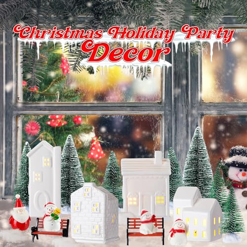 Soaoo 29 Pcs Ceramic Christmas Village Set 8 Led Village Houses 12 Christmas Trees 4 Snowmen 4 Benches and Fake Snow