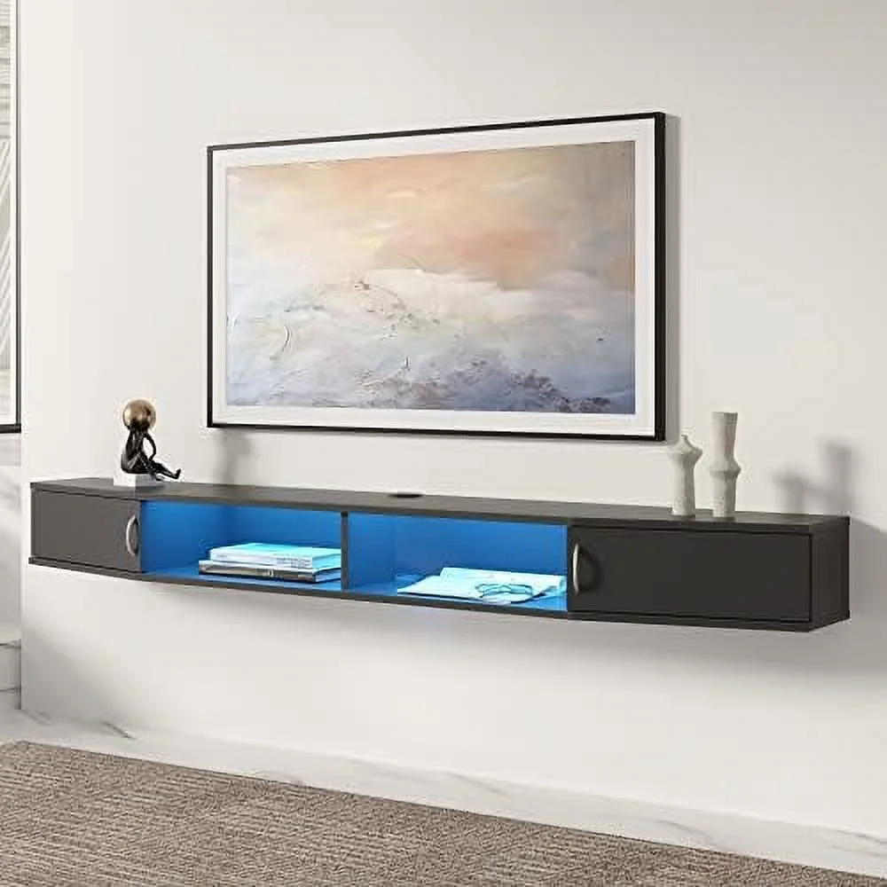RUNFAYBIU Floating TV Stand Wall Mounted  with Colorful LED Lights  Wood Media Console Entertainment Center Under TV  Cabinet Hutch Desk  for Home