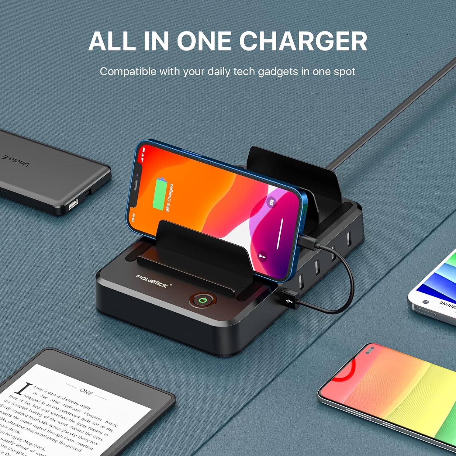 Charging Station for Multiple Devices 5 Ports with 6 Mixed Charging Cables Multi USB Charger Station Organizer for Cell Phones Tablets Tab