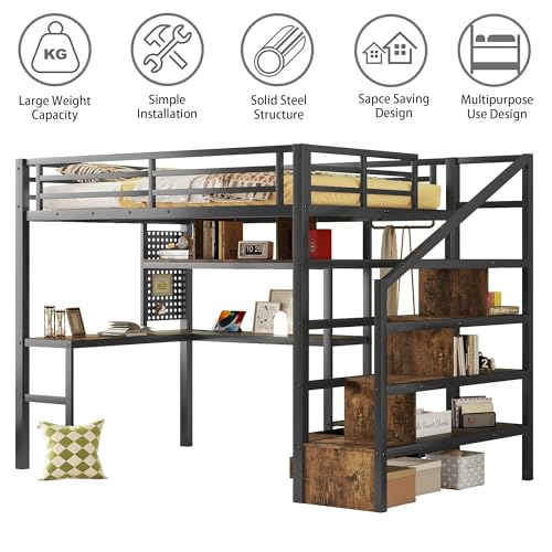 Queen Loft Bed with L-Shaped Desk and Stairs,Metal Queen Size LoftBed with Wardrobe and Adjustable Shelf, Gaming Bed with LED and USB