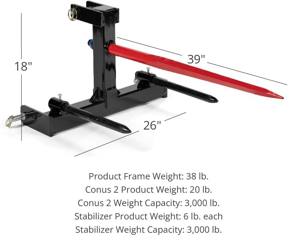 Titan Attachments Black Category 1, 3 Point Attachment, 39 Hay Spear and Stabilizers