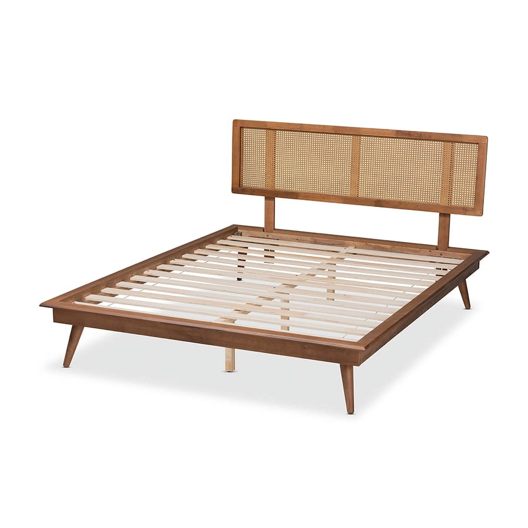 Baxton Studio Nura Mid-Century Modern Walnut Brown Finished Wood and Synthetic Rattan Full Size Platform Bed