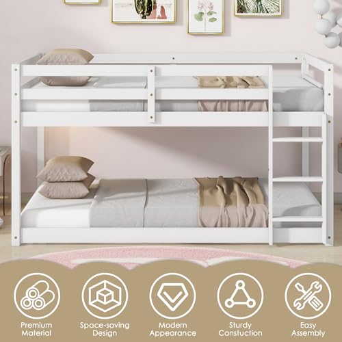 Bunk Bed Twin Over Twin, Wood Low Profile Floor Twin Bunk Beds with Ladder Guardrails for Kids Boys and Girls, No Box Spring Needed