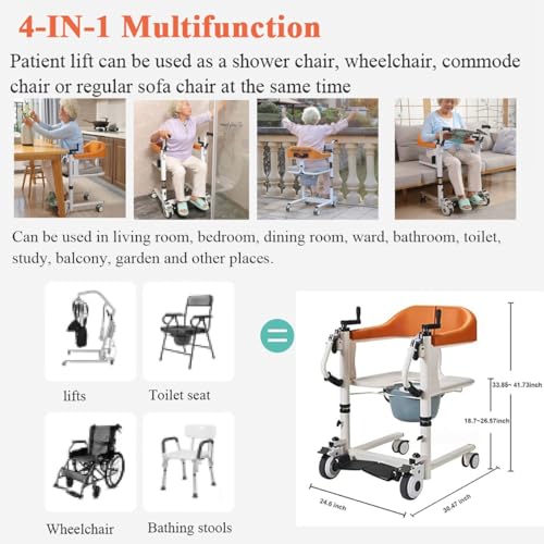 Patient Lift Transfer Chair, Portable Bath Lifts with 180° Split Seat for Disabled Elderly, Commode Toilet Shower Chair with Wheels