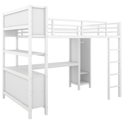 Harper & Bright Designs Full Loft Bed with Desk, Metal Loft Beds with Storage Shelves, Desk, and Wardrobe, Heavy-Duty Loft Bed Frame for Kids, Teens