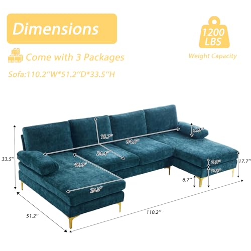 Karl home Convertible Sectional Sofa 110" U-Shape Sofa Couch 4-Seat Couch with Chaise ChenilleFabric Upholstered for Living Room, Apartment, Office