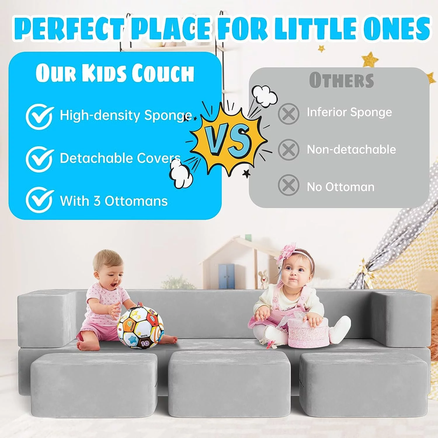 Kids Couch with 3 Ottomans, Wanan Toddler Couch for Playroom Bedroom, 5 in 1 Modular Kids Couch Fold out Sofa Kids Floor Sofa for Toddler and Baby