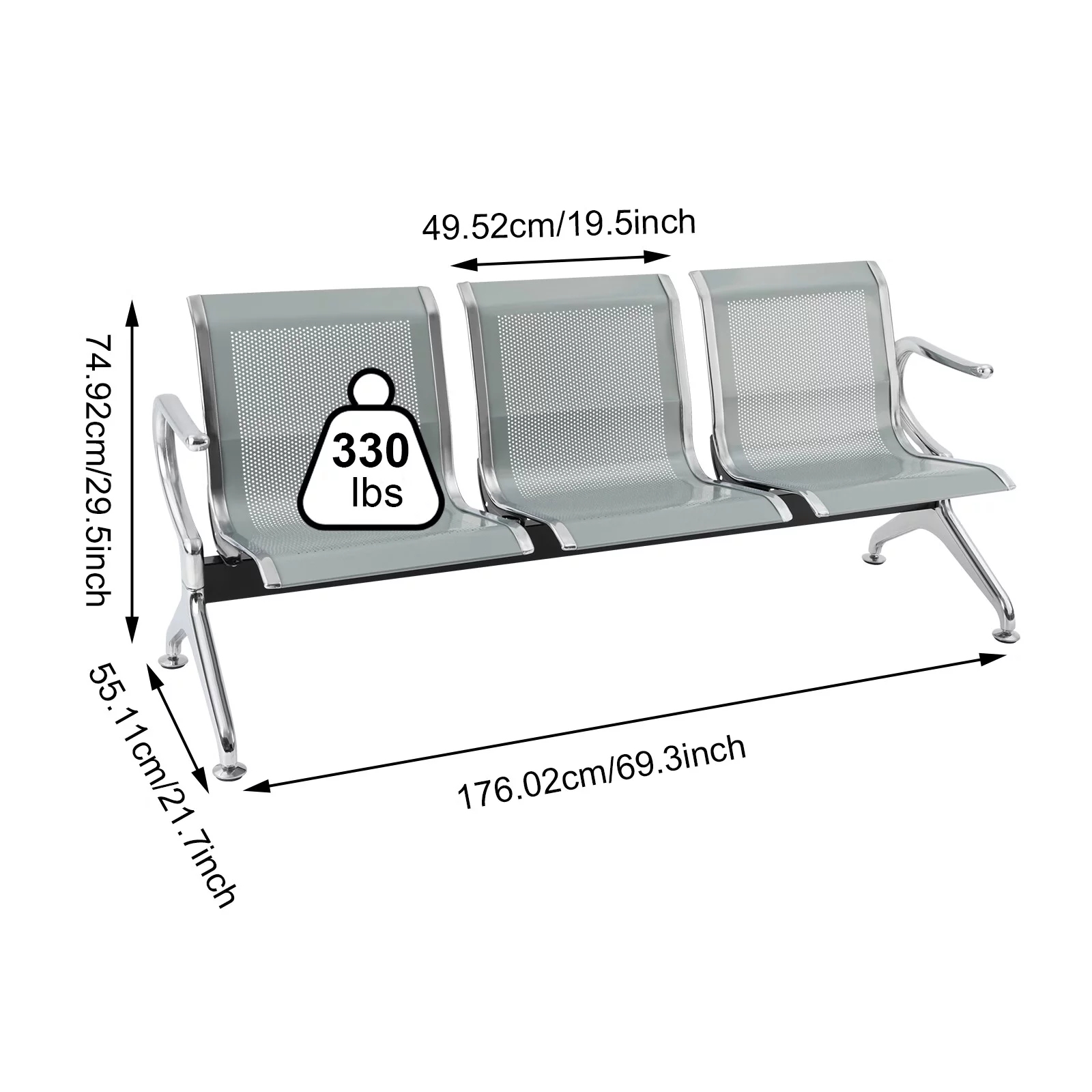 Aiqidi 3-Seat Waiting Room Chair with Arms Airport Reception Bench Guest Chair for Office Business Hospital Bank Market Silver