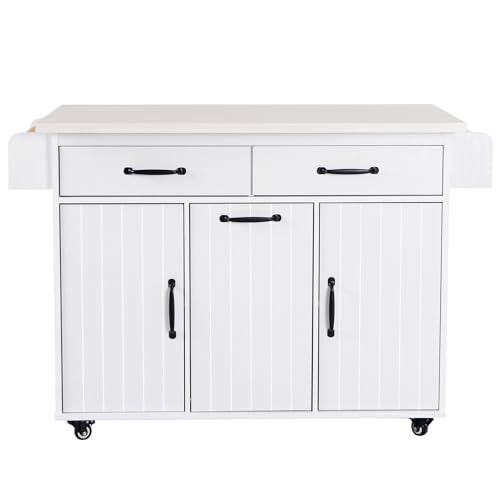 Ball & Cast Farmhouse Kitchen Island with Drop Leaf & Barn Door,Rolling Kitchen Cart on Wheels with Power Outlet,3 Large Drawers