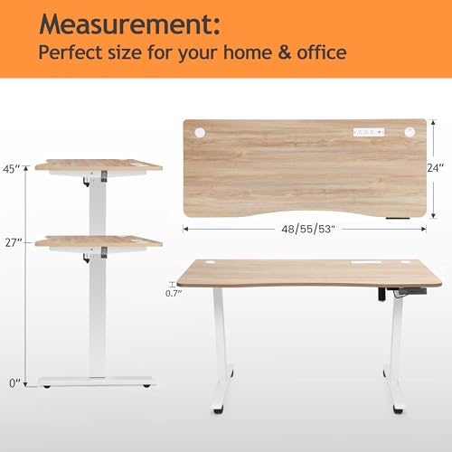 Electric Standing Adjustable Height Desk 55'' x 24''Sit Stand Desk with Charging Station, 2 USB Ports, 3 Power Outlets, 4 Caster