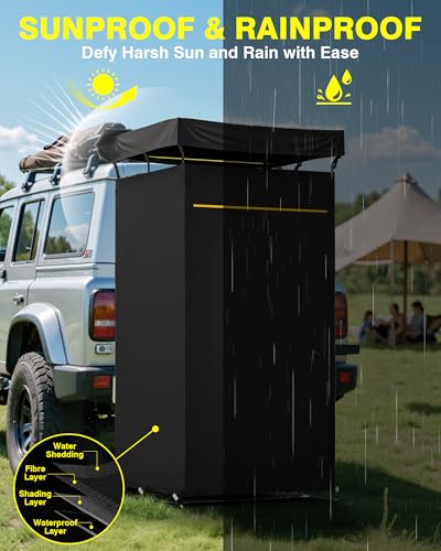 PYY Shower Awning- Awning Shower Tent with Roof Rack, Foldable Floor Mat, LED Light Strip, 3 Zippers for Safety & Access