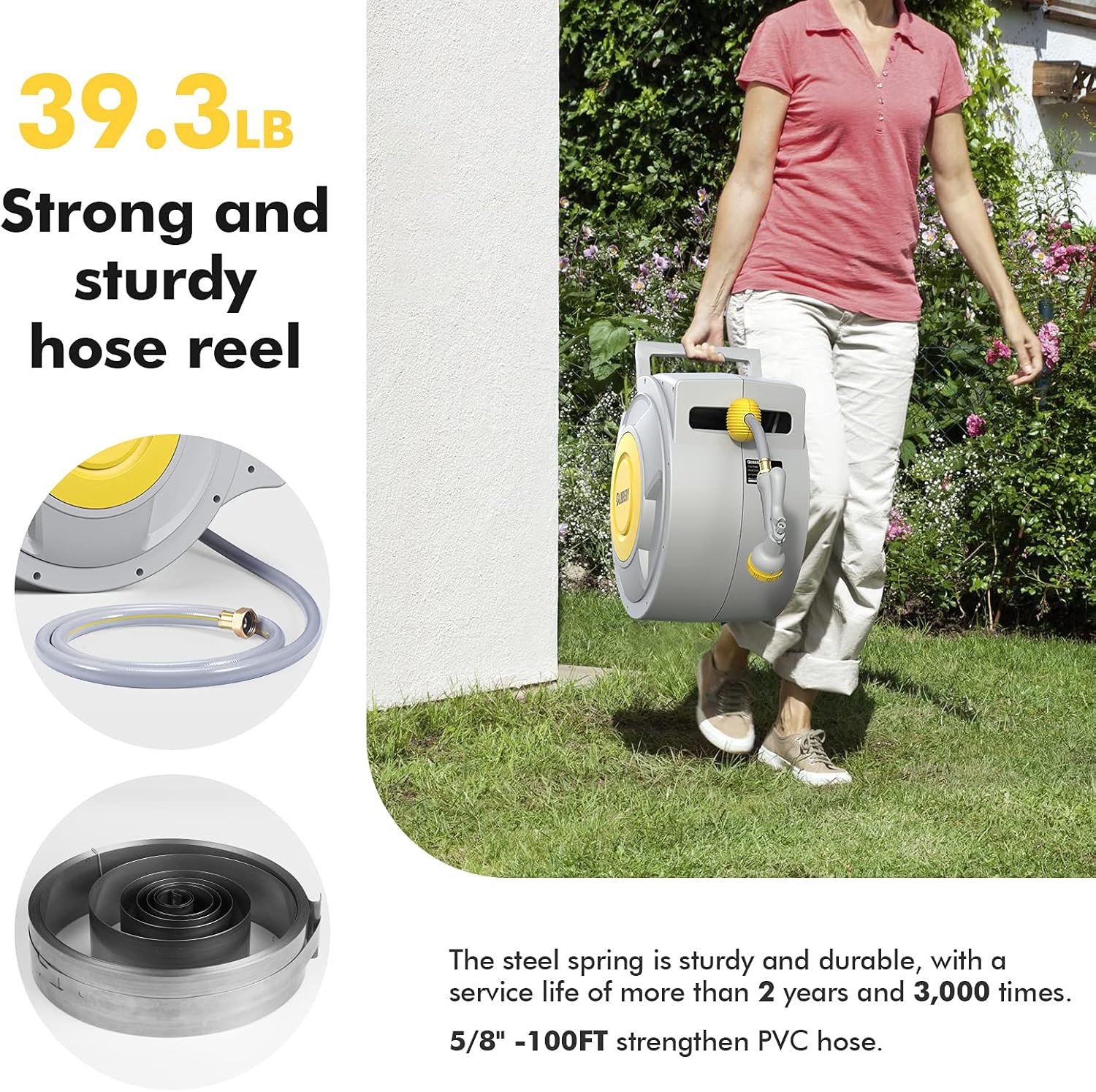 BLUBERY Retractable Hose Reel, 5/8" x 100+6.7 ft Retractable Garden Hose Reel with 8 Pattern Spray Nozzle, Any Length Lock, 180° Swivel Bracket