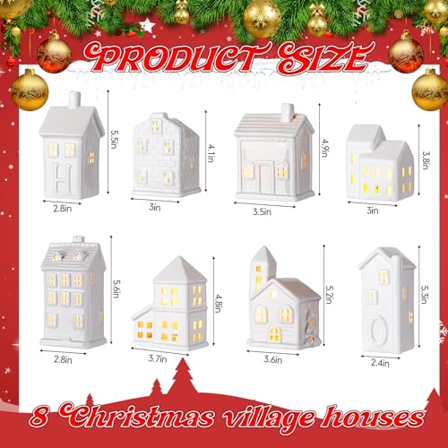 Soaoo 29 Pcs Ceramic Christmas Village Set 8 Led Village Houses 12 Christmas Trees 4 Snowmen 4 Benches and Fake Snow
