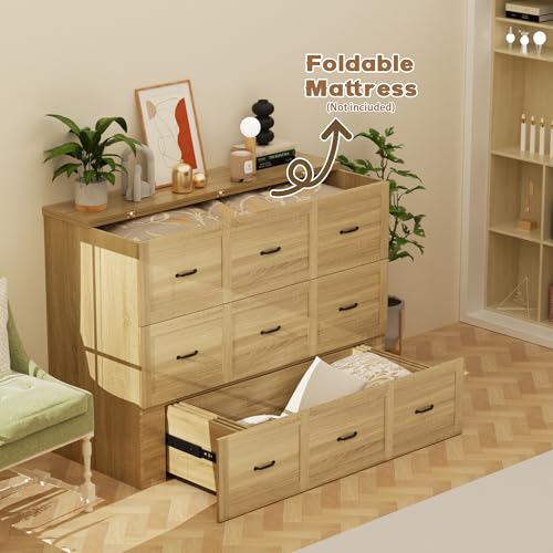 Full Size Murphy Bed Wood Wall Bed Cabinet with Large Drawer Space-Saving Hidden Foldable Platform Bed Chest Mobile Cabinet Bed Frame Storage Cabinet