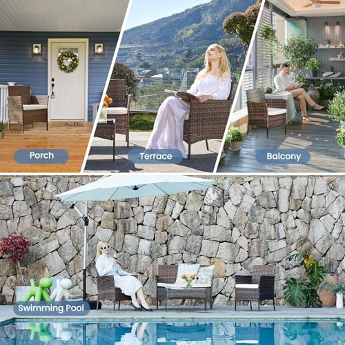 DUMOS Patio Furniture Set 4 Pieces, Outdoor Wicker Furniture with Coffee Table, Modern Rattan Patio Chairs Conversation Sets with Sofa for Garden