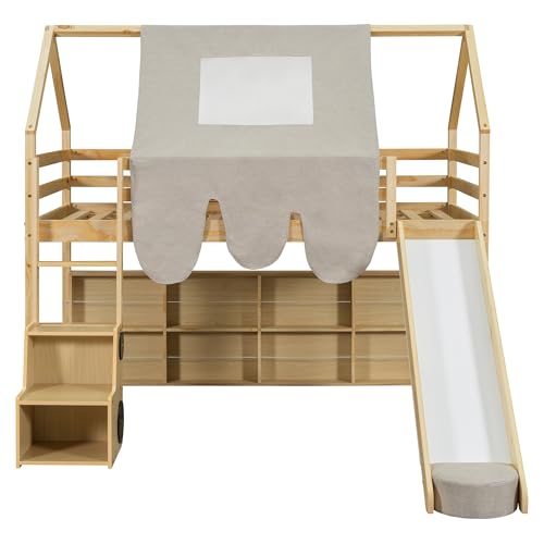 Harper & Bright Designs Kids Twin Low Loft Bed with Slide and Storage Shelves, Wood Playhouse Loft Bed Frame with a Tent & Stairs