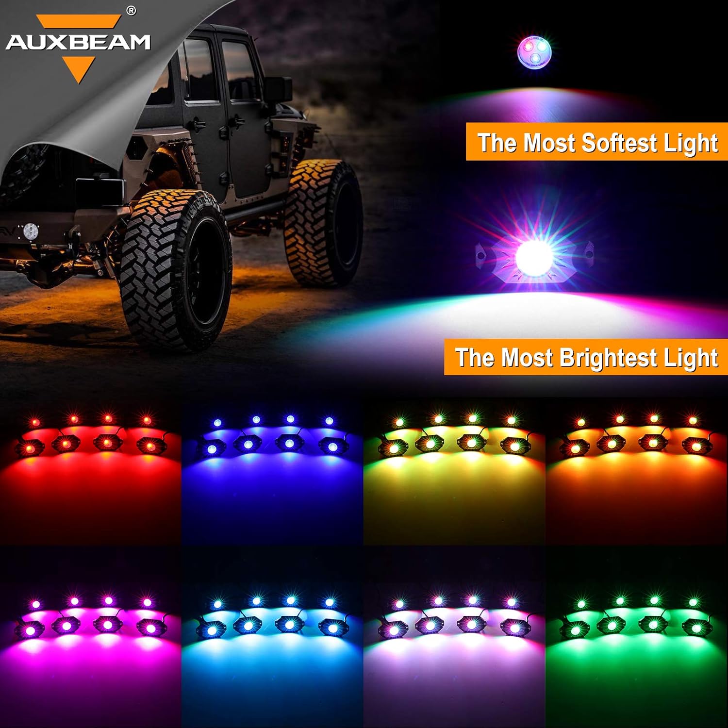 Auxbeam Rock Lights RGB 8 Pods Bluetooth, Car Underglow Lights for Jeep Wrangler Truck SUV UTV ATV Offroad Boat