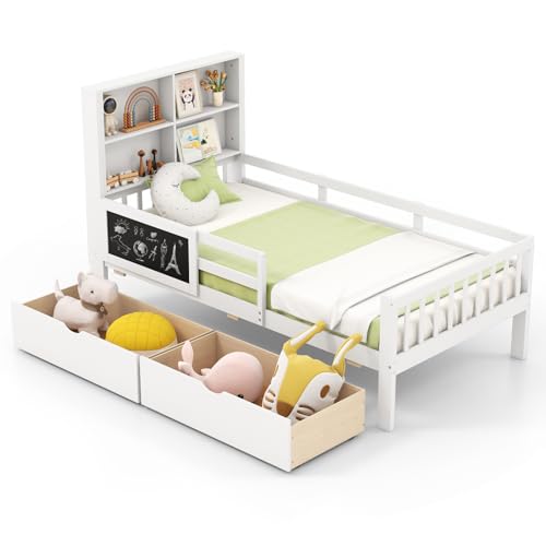 Giantex Full Bed with 2 Storage Drawers, Solid Wood Kids Bed Frame w/Bookcase Headboard & Blackboard, Full-Length Guardrails & Wooden Slats Support