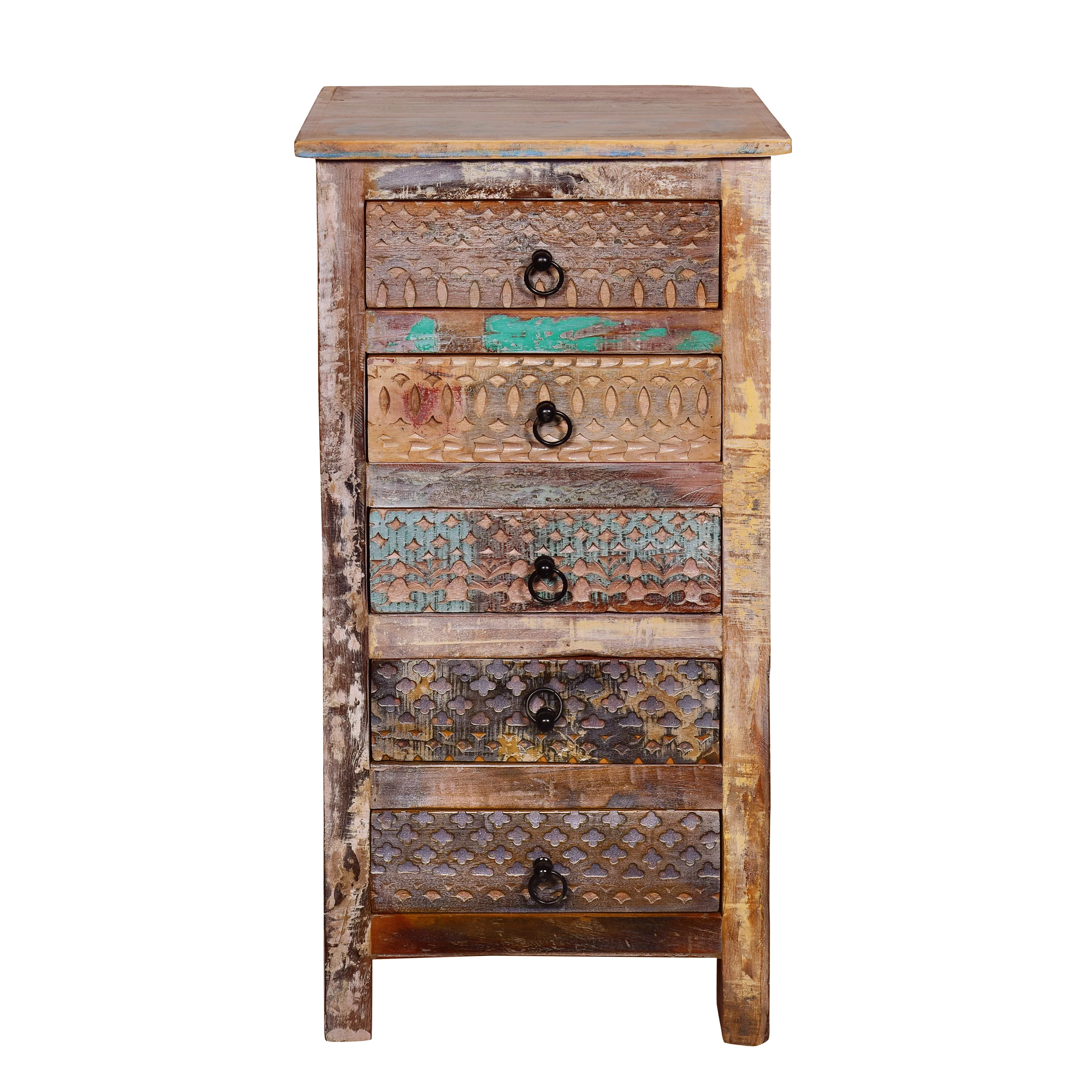 GDF Studio Willards Boho Handmade Wood 5 Drawer Chest, Multicolored and Natural