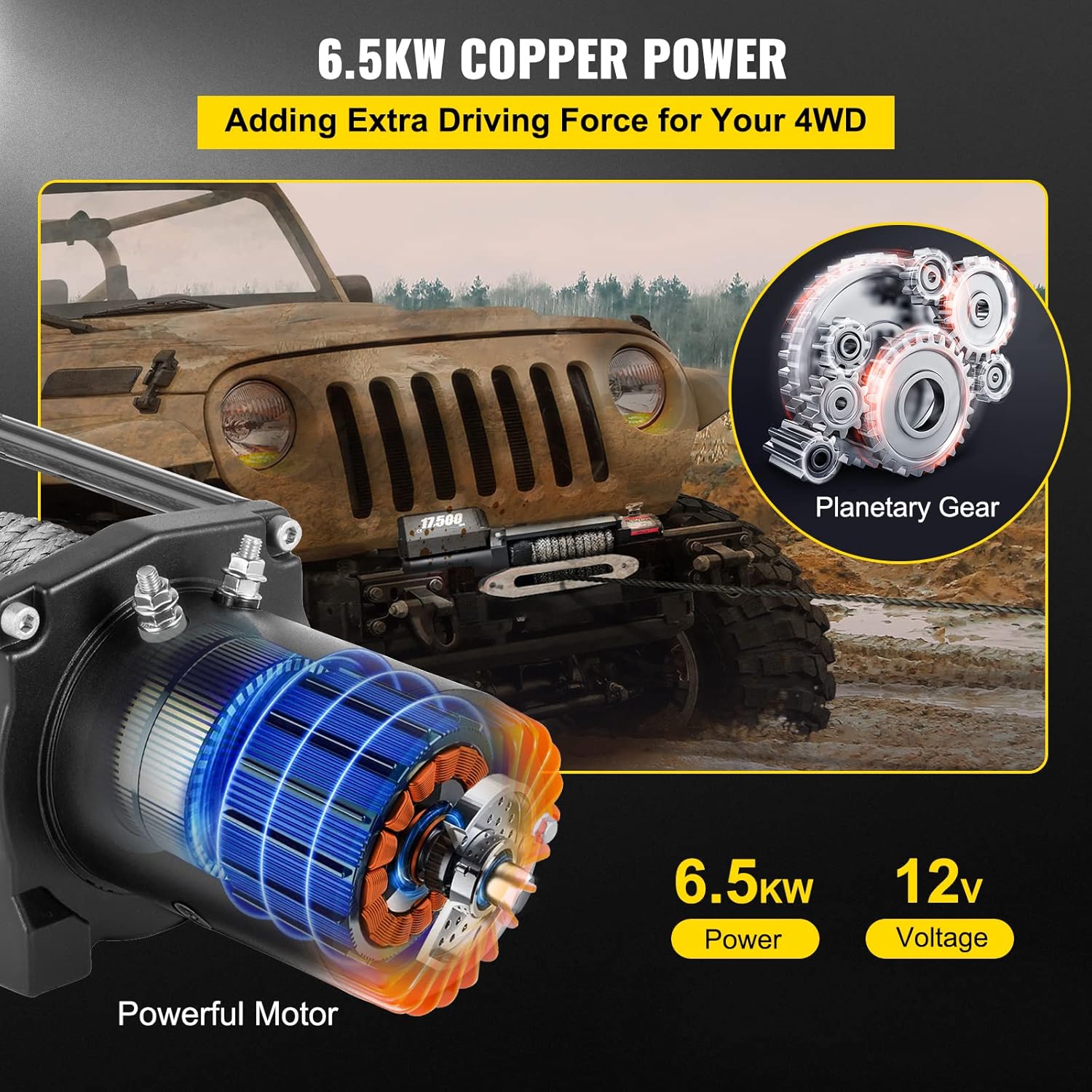 VEVOR Electric Winch, 17500lb Load Capacity Truck Winch Synthetic Rope 12V Power Winch with Wireless Remote Control
