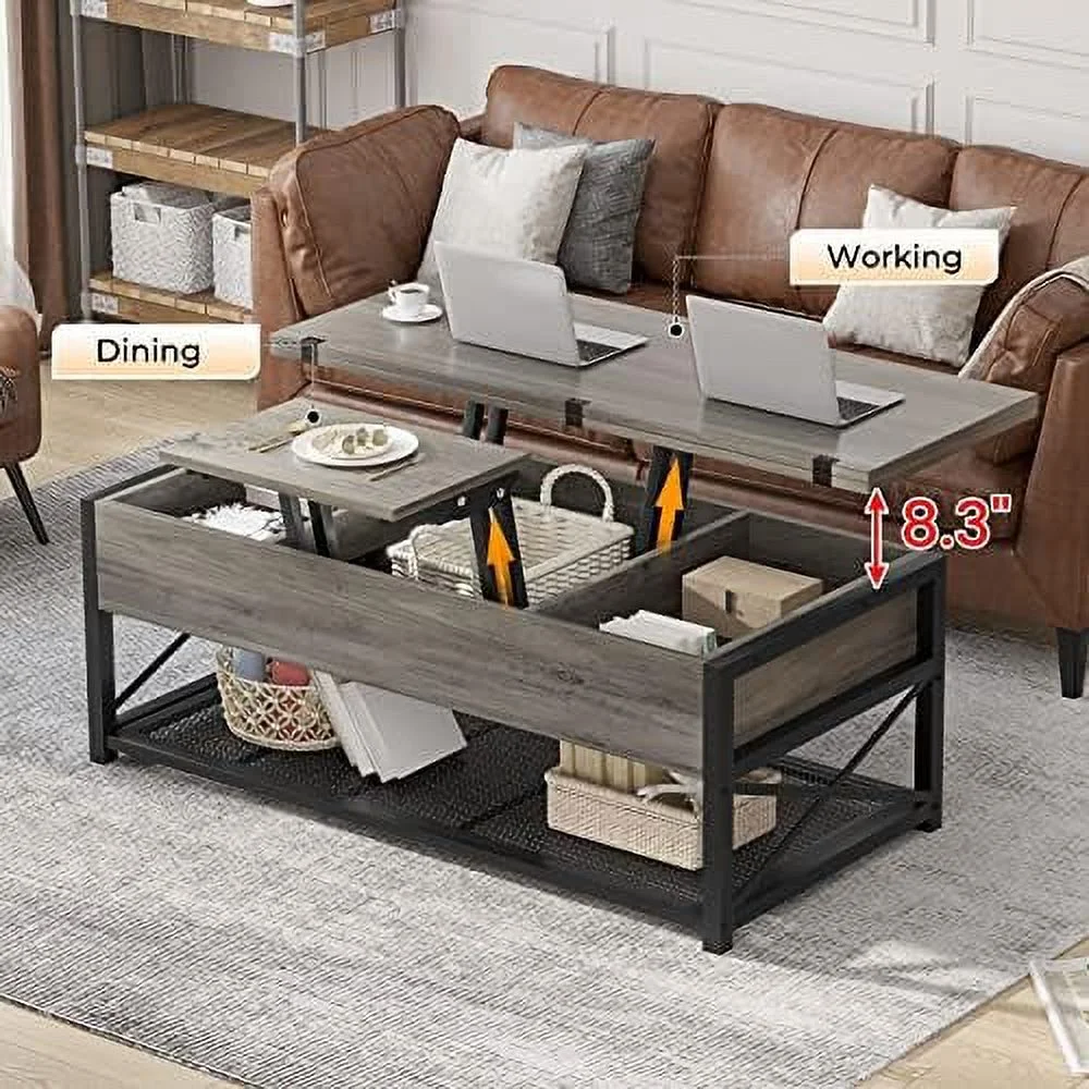 43" Lift Top Coffee Table  3 in 1 Multi- Small Coffee Table with  for Living Room  Dining Reception Room  Grey