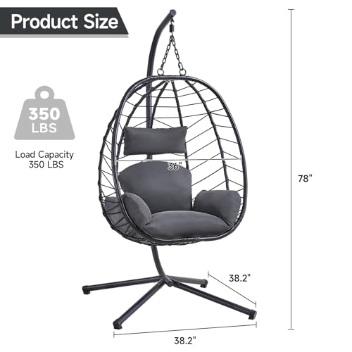 Hanging Egg Chair with Stand, Outdoor Indoor Egg Swing Chair with Cushion Headrest, Wicker Rattan Egg Chair with Dual Chains