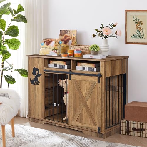 Aoowow Large Double Dog Crate Furniture 72.4" Indoor Dog Kennel with Sliding Barn Door and Divider