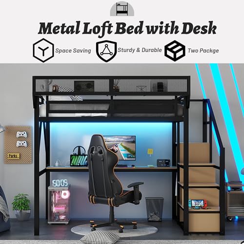Full Size Loft Bed with Desk and Stairs, Heavy-Duty Steel Loft Bed Frame with Wardrobe & LED Light