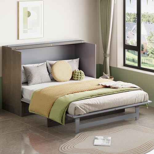 Harper & Bright Designs Full Size Murphy Bed Wall Bed, Solid Pine Murphy Bed Chest Cube Cabinet Bed with USB