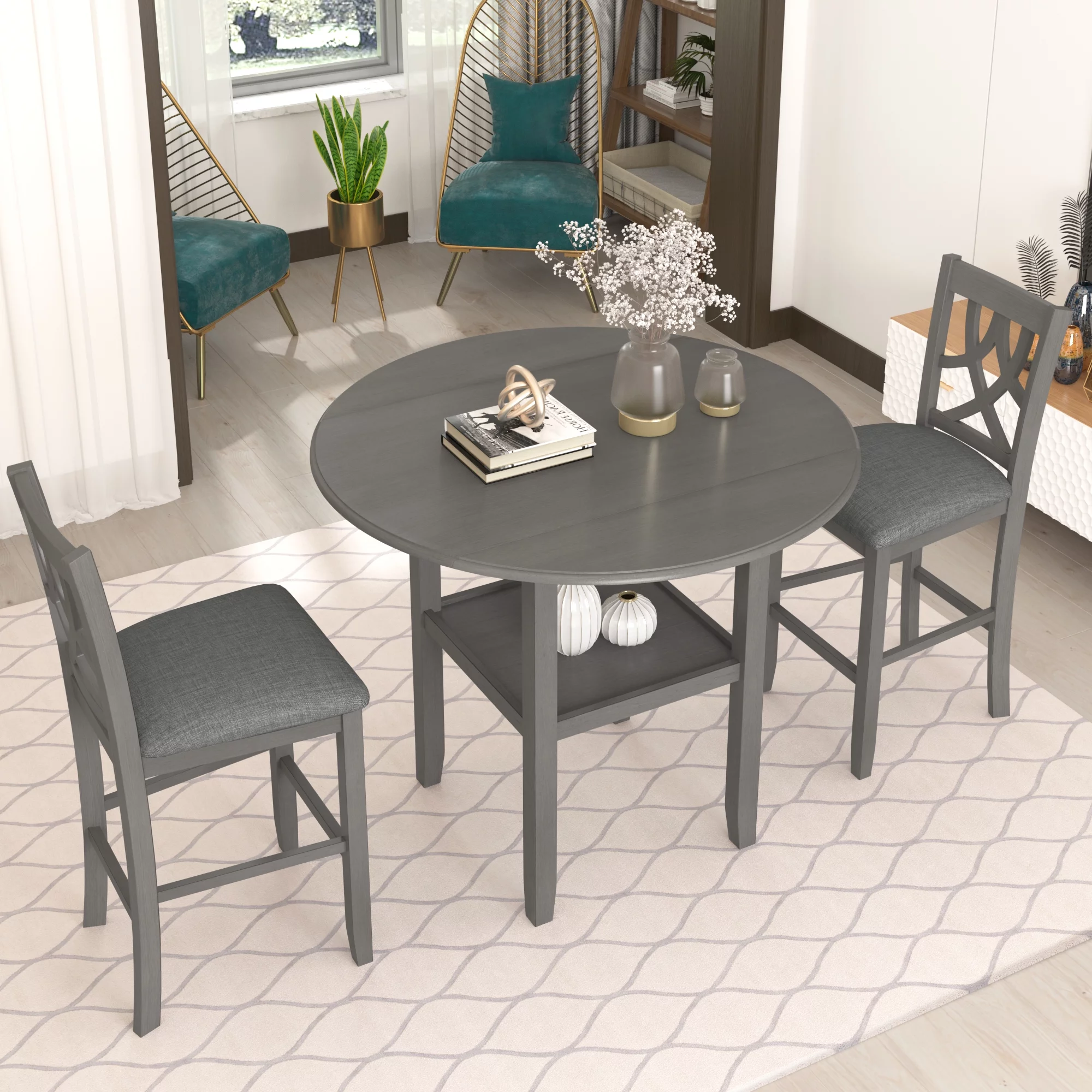 3 Piece Kitchen Nook Dining Table Set, Wooden Drop Leaf Table and 2 Dining Chairs, Counter Height Dining Set with Storage, Gray, D8315