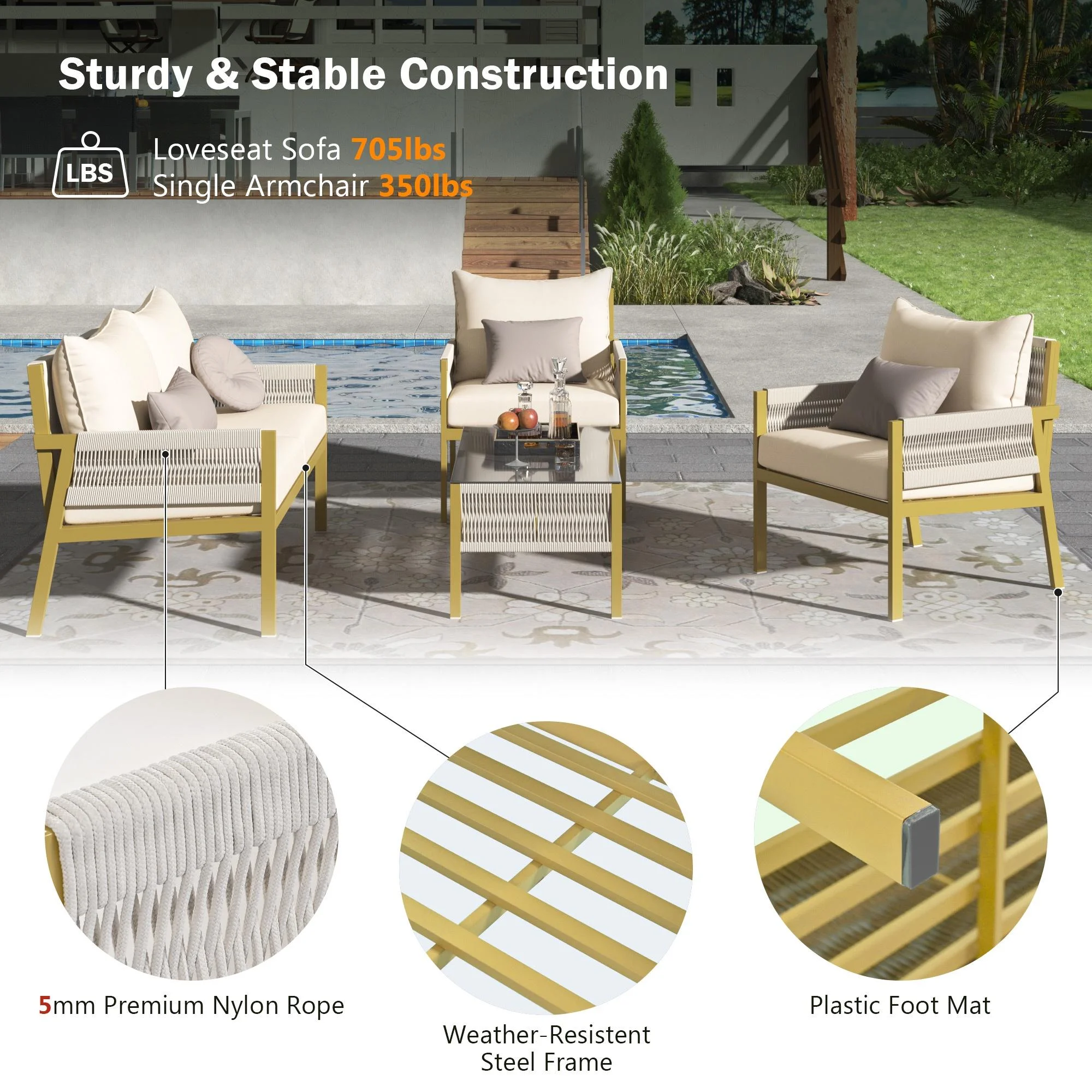 Glavbiku 4-Piece Patio Furniture Set,Outdoor Furniture with Tempered Glass Table for Backyard,Yellow